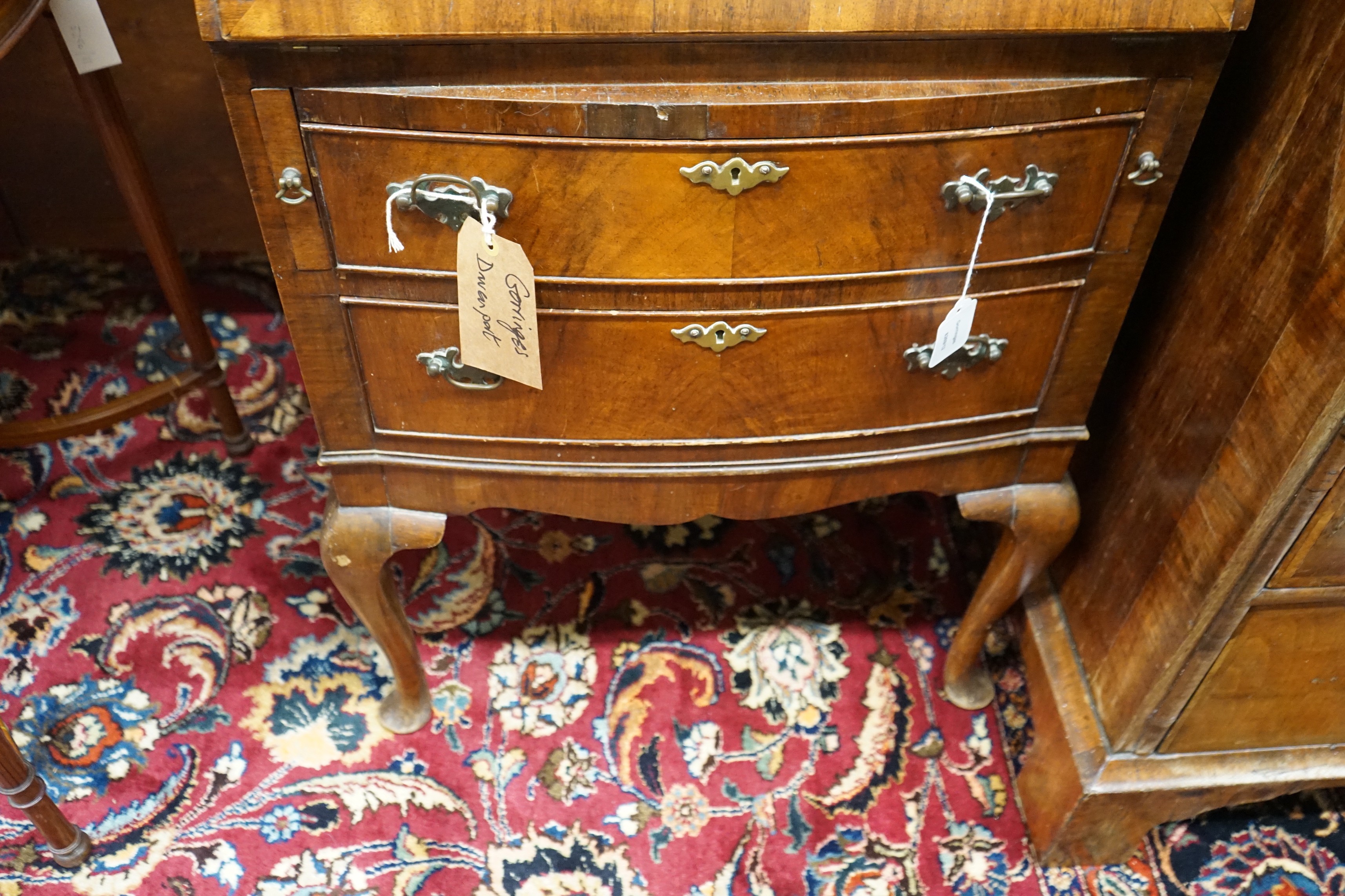 A reproduction walnut bow front bureau, width 58cm, depth 42cm, height 98cm